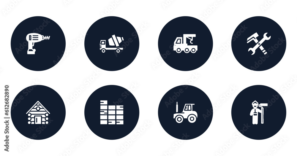 constructicons filled icons set. flat filled icons sheet included drill, cement truck, truck with crane, work tools cross, cabin house, constructing a brick wall, tractor side view, man painting constructicons filled icons set. flat filled icons sheet included drill, cement truck, truck with crane, work tools cross, cabin house, constructing a brick wall, tractor side view, man painting