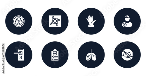 filled icons set. flat filled icons sheet included outbreak, pandemic, hand, patient, doorknob, medical report, lungs, no handshake vector.
