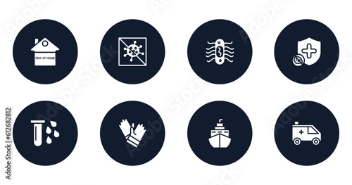 filled icons set. flat filled icons sheet included stay at home, antiviral, e coli, immune, blood, gloves, cruise, ambulance vector.