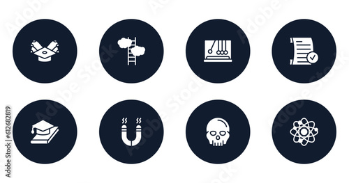 laboratory filled icons set. flat filled icons sheet included scholarship, ascend, , passed, thesis, magnetism, anthropology, neutrons vector.