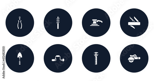 tools filled icons set. flat filled icons sheet included nippers, drill tip, sanding hine, jackknife, garden trowel, brace, sliding scale, electric saw vector.