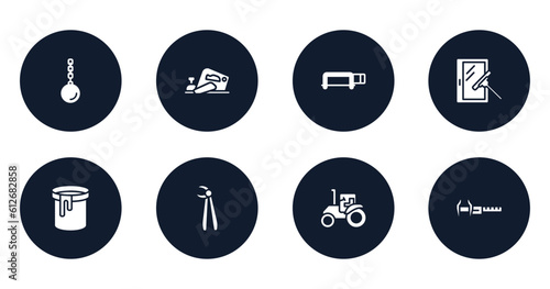 carpentry diy tools filled icons set. flat filled icons sheet included wrecking ball, planer, hacksaw with handle, window cleaner, paint can open, forceps, farm tractor, calipers vector.