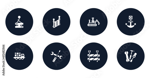 constructicons filled icons set. flat filled icons sheet included derrick with pallet, stairs side view, construction excavator, anchor navigational tool, truck with load, screwdriver and doble