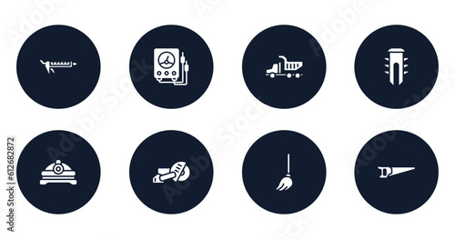 housekeeping filled icons set. flat filled icons sheet included sealant, electric gauge, tipper truck, dyupel, torch helmet, big saw, mop, vector.