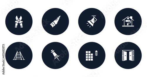constructicons filled icons set. flat filled icons sheet included mower scissor, saw hand drawn tool, light spot, painting home, double ladder, pin tool, tiles detail of construction, doors open