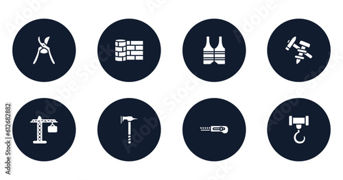 tools and hinery filled icons set. flat filled icons sheet included pruning shears, linoleum, reflective vest, construction tools, tall crain, battle axe, cutter facing left, crane hook vector.
