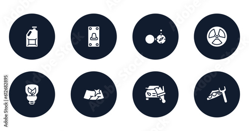 car repair filled icons set. flat filled icons sheet included jerrycan, switch on, open compass, radiation, ecologic light bulb, windshield, car painting, headlight vector.