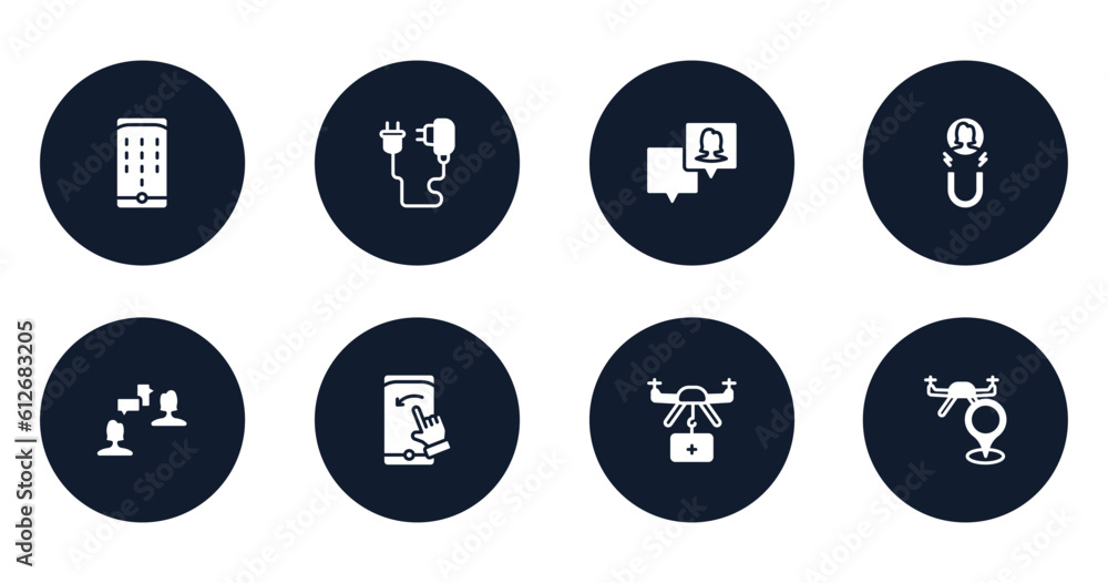drone filled icons set. flat filled icons sheet included dial pad, phone charger, followers, attraction, job interview, swipe left, medical assistance, street map vector. drone filled icons set. flat filled icons sheet included dial pad, phone charger, followers, attraction, job interview, swipe left, medical assistance, street map vector.