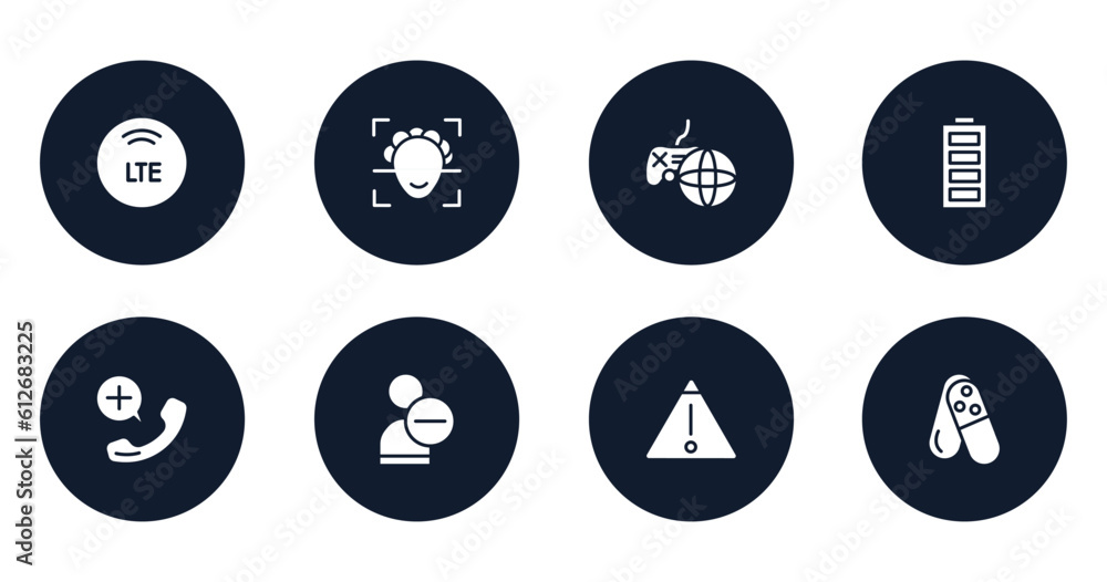 emergency services filled icons set. flat filled icons sheet included lte, face scan, online game, full battery, emergency call, delete friend, warning, tablets vector. emergency services filled icons set. flat filled icons sheet included lte, face scan, online game, full battery, emergency call, delete friend, warning, tablets vector.
