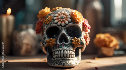 Ritual Mexican skull decorated with colorful flowers, straight view.