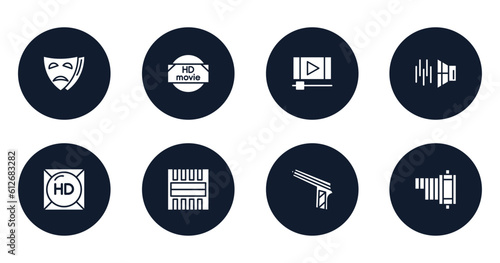 cinema filled icons set. flat filled icons sheet included tragedy, hd movie, footage, sound effect, hd, freeze frame, hitman, negative film vector.
