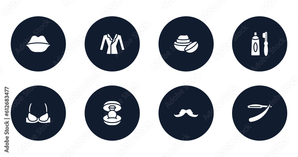 beauty filled icons set. flat filled icons sheet included big lips, suit on hanger, face cream, tooth paste and brush, brassiere, ring in box, big mustache, barber knife vector. beauty filled icons set. flat filled icons sheet included big lips, suit on hanger, face cream, tooth paste and brush, brassiere, ring in box, big mustache, barber knife vector.