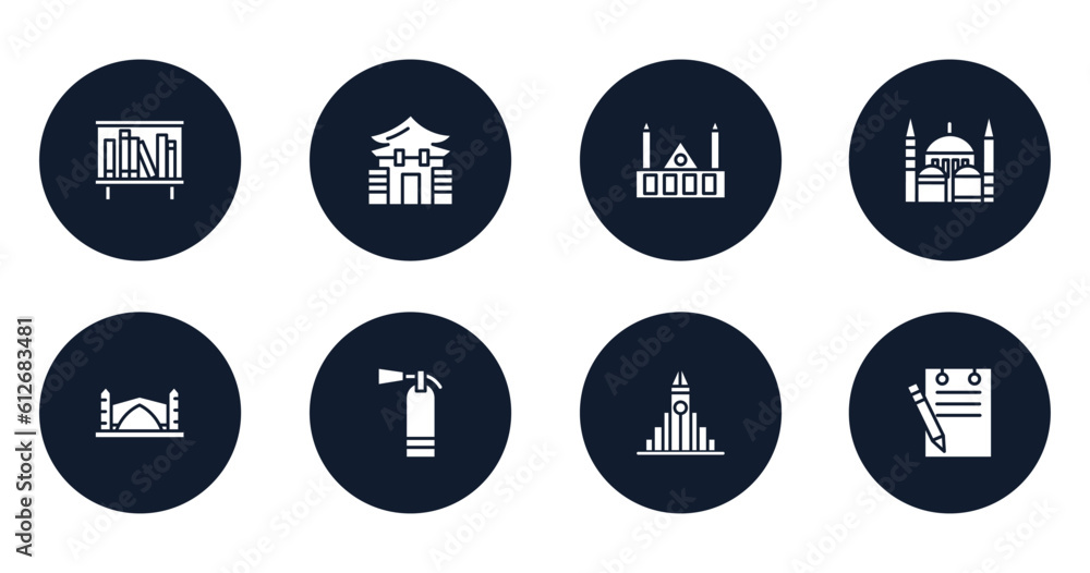 restaurant elements filled icons set. flat filled icons sheet included bookshelves, memorial hall, chartres cathedral, blue mosque, stari most, extinguishing, , padnote vector. restaurant elements filled icons set. flat filled icons sheet included bookshelves, memorial hall, chartres cathedral, blue mosque, stari most, extinguishing, , padnote vector.