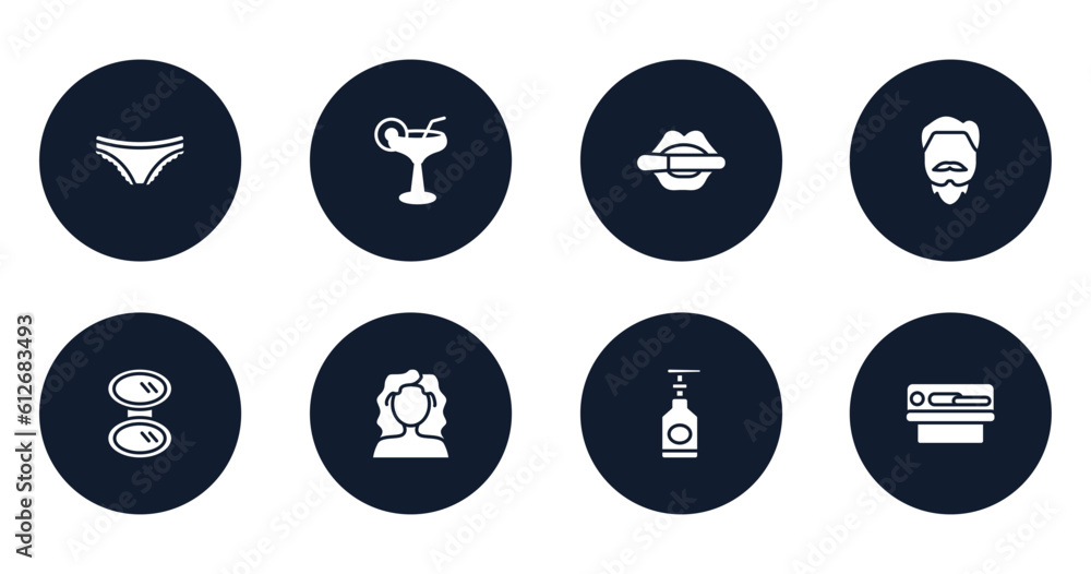 beautiful filled icons set. flat filled icons sheet included panties, martini glass with straw, women lipstick, man with goatbeard, pocket mirror, curly hair, hand soap, solarium vector. beautiful filled icons set. flat filled icons sheet included panties, martini glass with straw, women lipstick, man with goatbeard, pocket mirror, curly hair, hand soap, solarium vector.