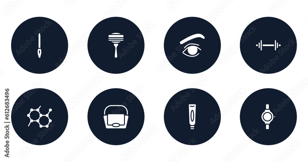 beautiful filled icons set. flat filled icons sheet included nail file, disposable razor, eye with lines, weightlift, molecular, big hand bag, facial cream tube, luxury watch vector. beautiful filled icons set. flat filled icons sheet included nail file, disposable razor, eye with lines, weightlift, molecular, big hand bag, facial cream tube, luxury watch vector.