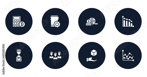 startup filled icons set. flat filled icons sheet included calculate, fintech, film strip, low performance, water hine, intuitive, chance, graph line vector.