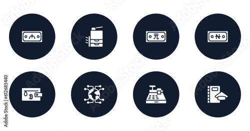 business filled icons set. flat filled icons sheet included manat, copy hine, new taiwan dollar, naira, bitcoin wallet, connector, cash register, scholar vector.