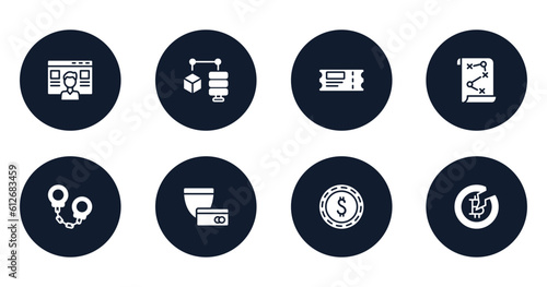 bitcoin filled icons set. flat filled icons sheet included seo and web, data mining, coupons, business plan, criminal, security payment, dollar, halving vector.