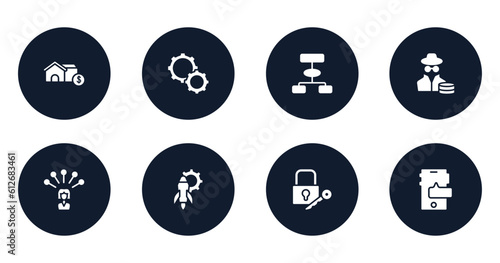 marketing & seo filled icons set. flat filled icons sheet included real state, optimization, flowchart, anonymous, influencer, workplace, locker, smartphones vector.