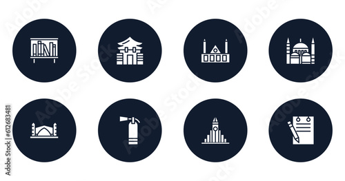 restaurant elements filled icons set. flat filled icons sheet included bookshelves, memorial hall, chartres cathedral, blue mosque, stari most, extinguishing, , padnote vector.
