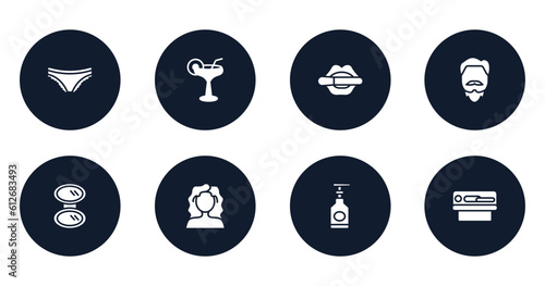 beautiful filled icons set. flat filled icons sheet included panties, martini glass with straw, women lipstick, man with goatbeard, pocket mirror, curly hair, hand soap, solarium vector.