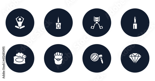 beautiful filled icons set. flat filled icons sheet included meditation, parfum bottle, eyelash curler, lipstick cosmetic, soap bar, man with moustache and bear, cheek brush, big diamond vector. photo