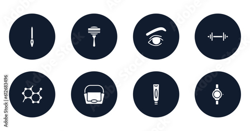 beautiful filled icons set. flat filled icons sheet included nail file, disposable razor, eye with lines, weightlift, molecular, big hand bag, facial cream tube, luxury watch vector.