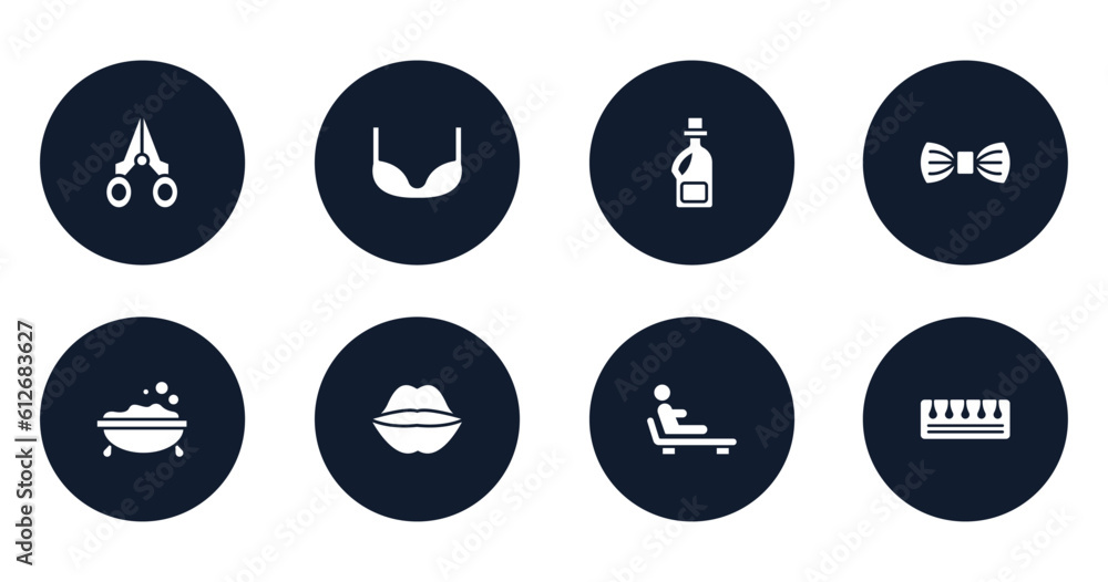 beauty filled icons set. flat filled icons sheet included nail scissors, bra, softener, elegante, foam, kiss, relaxing, toe separator vector. beauty filled icons set. flat filled icons sheet included nail scissors, bra, softener, elegante, foam, kiss, relaxing, toe separator vector.