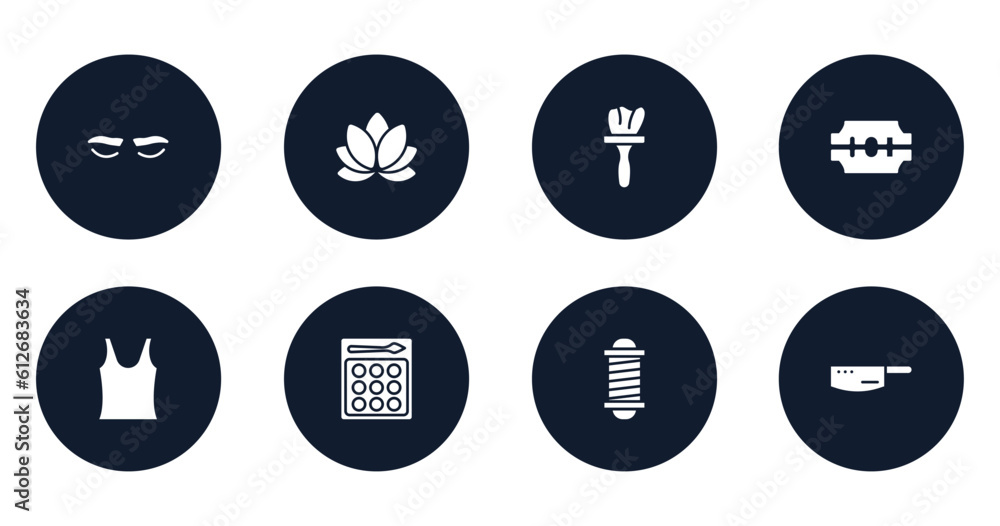 beauty filled icons set. flat filled icons sheet included lashes, lily, tint, razorblade, tank top, shadow, barbershop pole, kitchen pack vector. beauty filled icons set. flat filled icons sheet included lashes, lily, tint, razorblade, tank top, shadow, barbershop pole, kitchen pack vector.