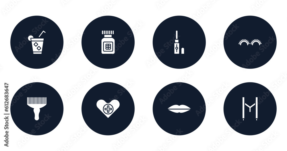 hipster filled icons set. flat filled icons sheet included ice tea, proteins, concealer, grace, afro pick, health care, seductive, suspenders vector.