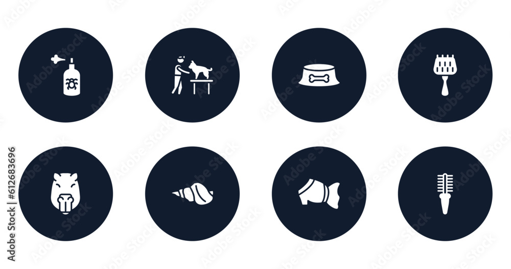 pet shop lineal filled icons set. flat filled icons sheet included spray, dog and veterinarian, dog dish, grooming brush, capybara head, conch, pet dress, flea comb vector. pet shop lineal filled icons set. flat filled icons sheet included spray, dog and veterinarian, dog dish, grooming brush, capybara head, conch, pet dress, flea comb vector.