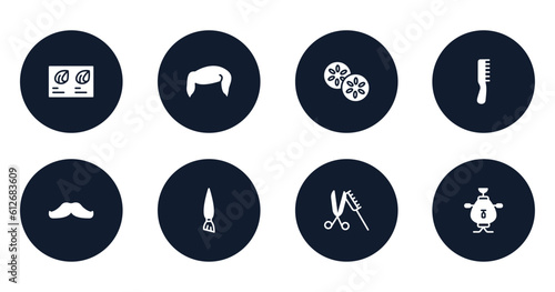 sauna filled icons set. flat filled icons sheet included hair color sample, boy hair shape, cucumber, one comb, mustache, angle brush, scissor and comb, samovar vector.