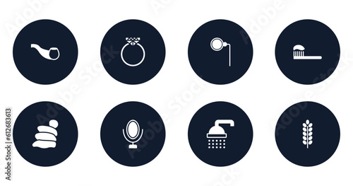 spa & wellness filled icons set. flat filled icons sheet included smoking pipe, diamond ring, monocle, brushing, snail slime, mirrors, bathing, lavender vector.