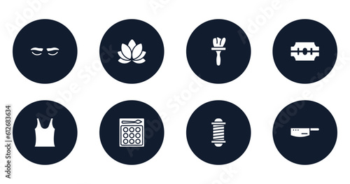 beauty filled icons set. flat filled icons sheet included lashes, lily, tint, razorblade, tank top, shadow, barbershop pole, kitchen pack vector.