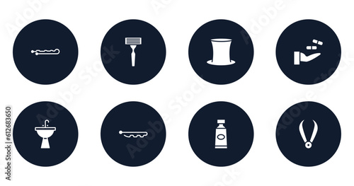 pretty filled icons set. flat filled icons sheet included hair pin, shaving razor, tall hat, treatment, washbowl, hair pins, toothpaste, pluck vector.