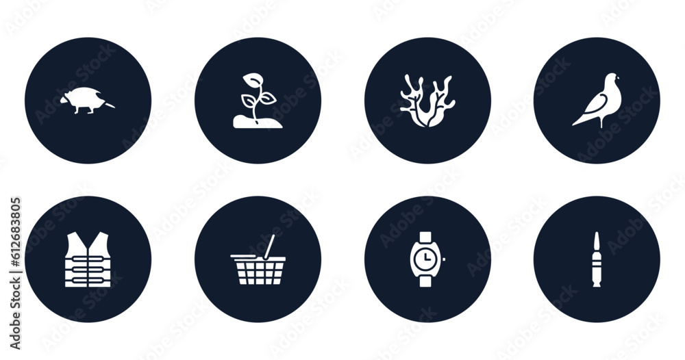hunting filled icons set. flat filled icons sheet included porcupine, sprout, seaweed, pigeon, lifejacket, food basket, wristwatch, bullets vector. hunting filled icons set. flat filled icons sheet included porcupine, sprout, seaweed, pigeon, lifejacket, food basket, wristwatch, bullets vector.