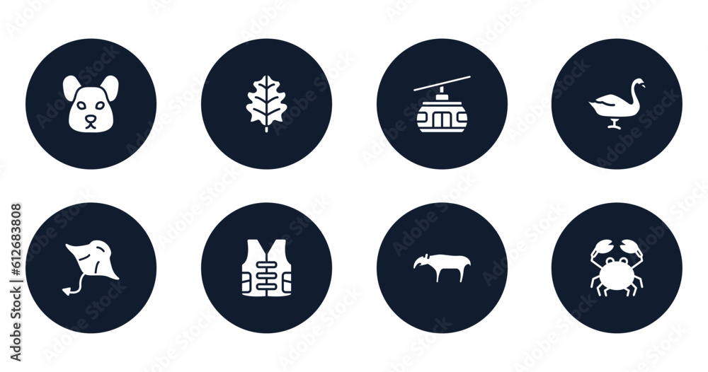 wildlife filled icons set. flat filled icons sheet included hamster, oak leaf, cable car, swan, manta ray, vest, tapir, crab vector. wildlife filled icons set. flat filled icons sheet included hamster, oak leaf, cable car, swan, manta ray, vest, tapir, crab vector.