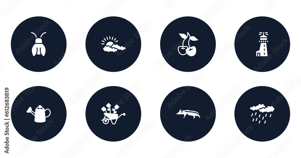 nature filled icons set. flat filled icons sheet included cicada, cloudy, cherry, lighthouse, watering can, wheelbarrow, badger, precipitation vector. nature filled icons set. flat filled icons sheet included cicada, cloudy, cherry, lighthouse, watering can, wheelbarrow, badger, precipitation vector.