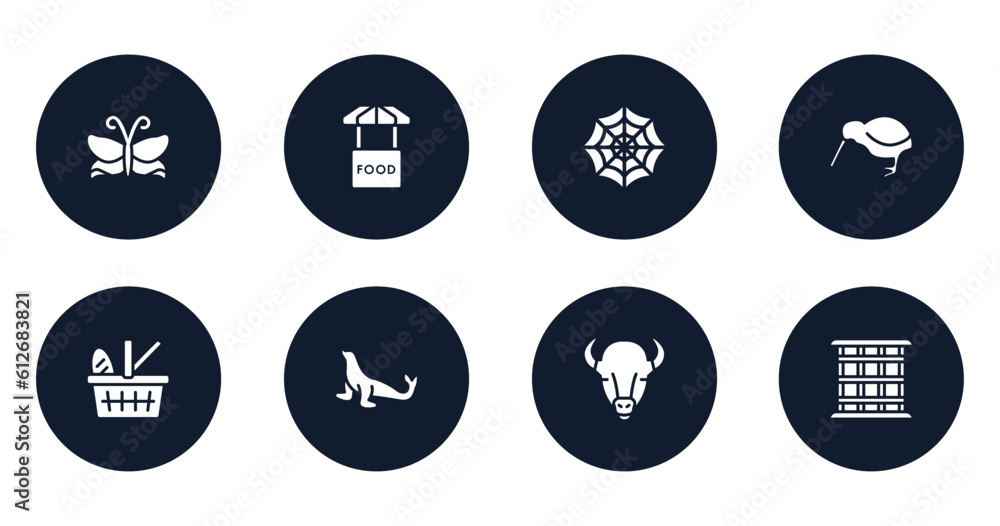 zoo filled icons set. flat filled icons sheet included butterflies, food stand, spider web, kiwi, picnic basket, sea lion, bison, cage vector. zoo filled icons set. flat filled icons sheet included butterflies, food stand, spider web, kiwi, picnic basket, sea lion, bison, cage vector.