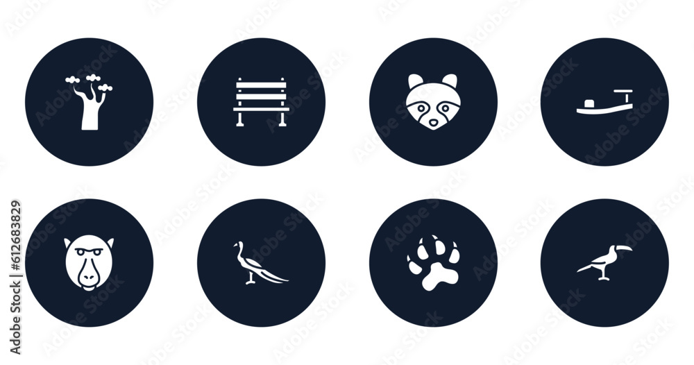 birds filled icons set. flat filled icons sheet included baobab, bench, racoon, sandals, baboon, peacock, pawprints, toucan vector. birds filled icons set. flat filled icons sheet included baobab, bench, racoon, sandals, baboon, peacock, pawprints, toucan vector.