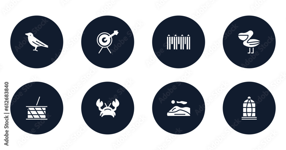 zoo filled icons set. flat filled icons sheet included crow, archery, fence, pelican, picnic basket, crab, dunes, cage vector. zoo filled icons set. flat filled icons sheet included crow, archery, fence, pelican, picnic basket, crab, dunes, cage vector.