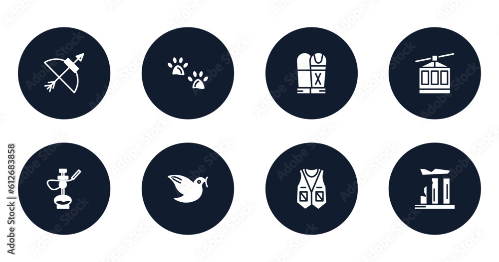 desert filled icons set. flat filled icons sheet included bow and arrow, pawprints, sarcophagus, cable car, hookah, dove, vest, relics vector. desert filled icons set. flat filled icons sheet included bow and arrow, pawprints, sarcophagus, cable car, hookah, dove, vest, relics vector.