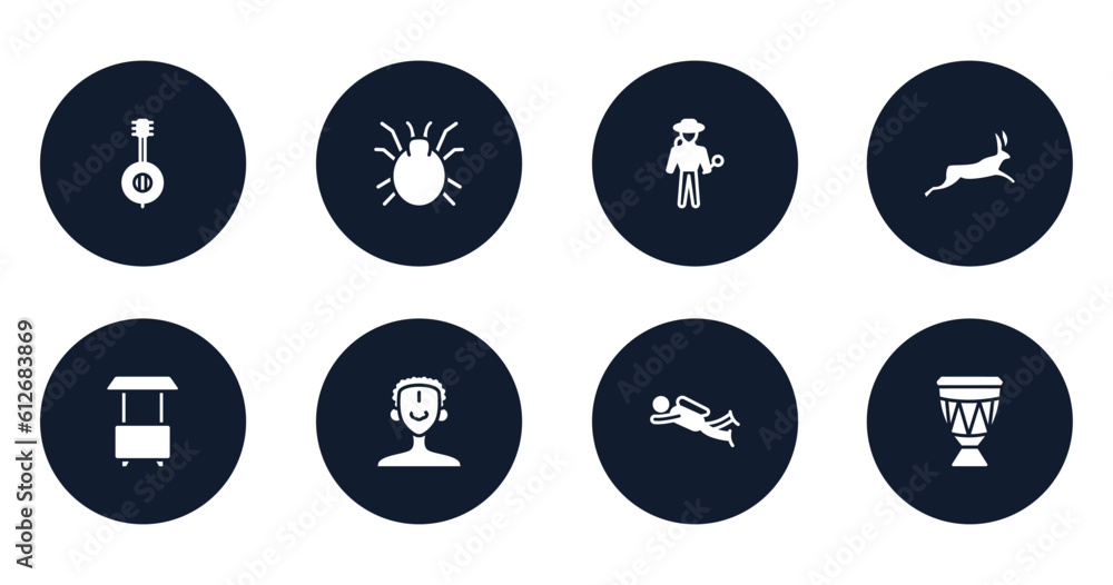 africa filled icons set. flat filled icons sheet included banjo, mite, explorer, hare, food cart, african man, diving, drum vector. africa filled icons set. flat filled icons sheet included banjo, mite, explorer, hare, food cart, african man, diving, drum vector.