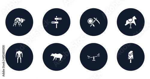 spring filled icons set. flat filled icons sheet included hermit crab, road, geology, rocking horse, diving suit, grizzly bear, seesaw, vector.