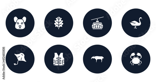 wildlife filled icons set. flat filled icons sheet included hamster, oak leaf, cable car, swan, manta ray, vest, tapir, crab vector.