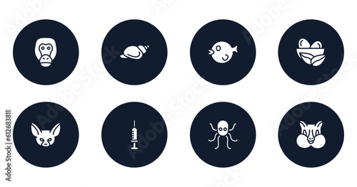 animal head filled icons set. flat filled icons sheet included orangutan, shell, puffer fish, nest, fennec, syringe, octopus, chipmunk vector.