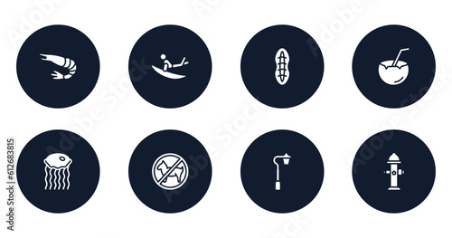 city park filled icons set. flat filled icons sheet included , surf, plankton, coconut drink, medusa, forbidden, streetlight, fire hydrant vector.