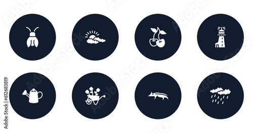 nature filled icons set. flat filled icons sheet included cicada, cloudy, cherry, lighthouse, watering can, wheelbarrow, badger, precipitation vector.