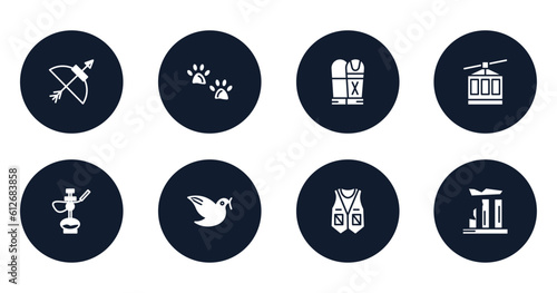 desert filled icons set. flat filled icons sheet included bow and arrow, pawprints, sarcophagus, cable car, hookah, dove, vest, relics vector.