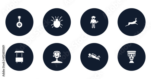 africa filled icons set. flat filled icons sheet included banjo, mite, explorer, hare, food cart, african man, diving, drum vector.